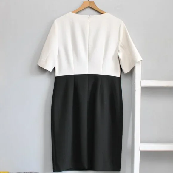 HUGO BOSS Daina White & Black Colorblock Sheath Elbow Sleeves Midi Dress Size 10 - Picture 3 of 10